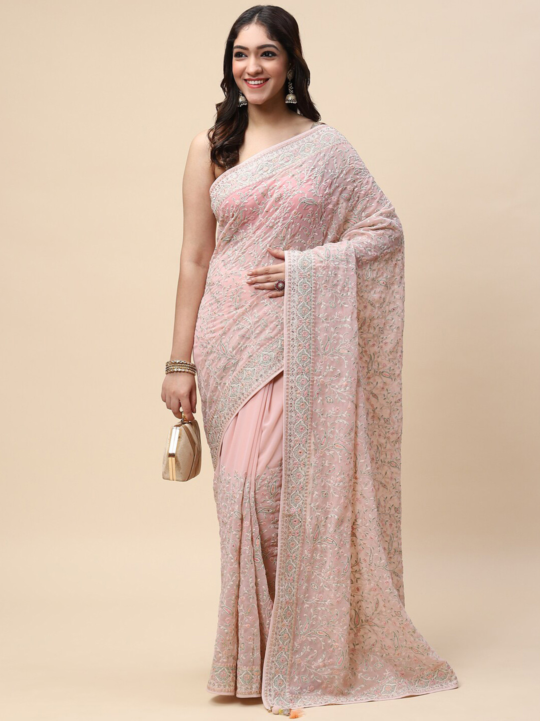 

Meena Bazaar Peach-Coloured & Green Floral Embroidered Saree