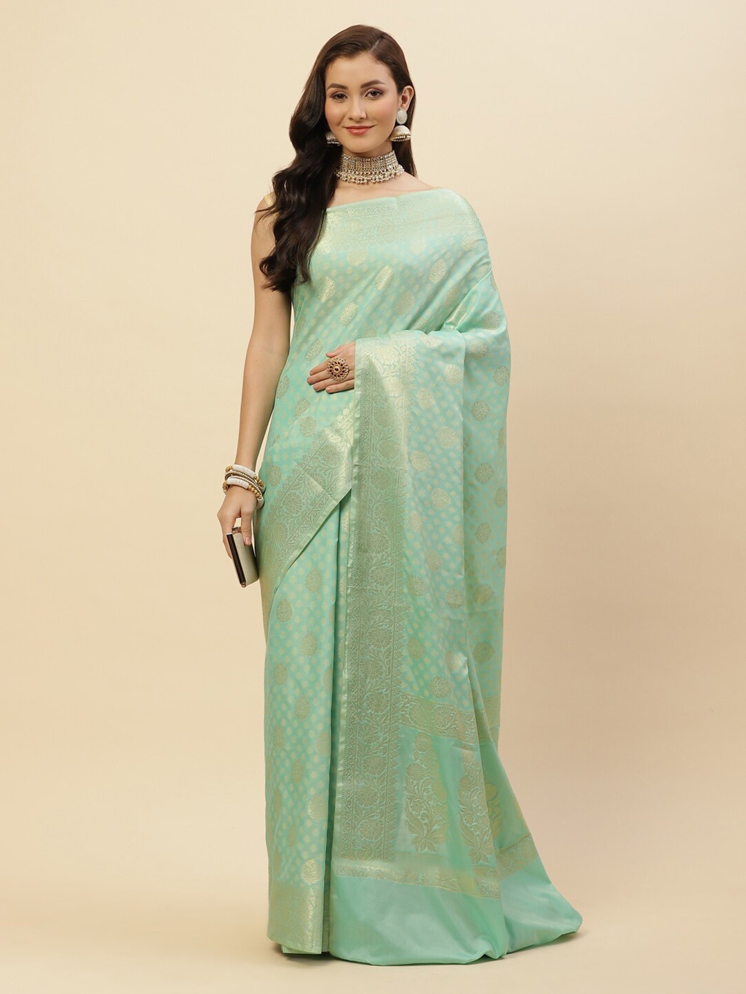 

Meena Bazaar Sea Green & Gold-Toned Ethnic Motifs Zari Silk Cotton Kanjeevaram Saree