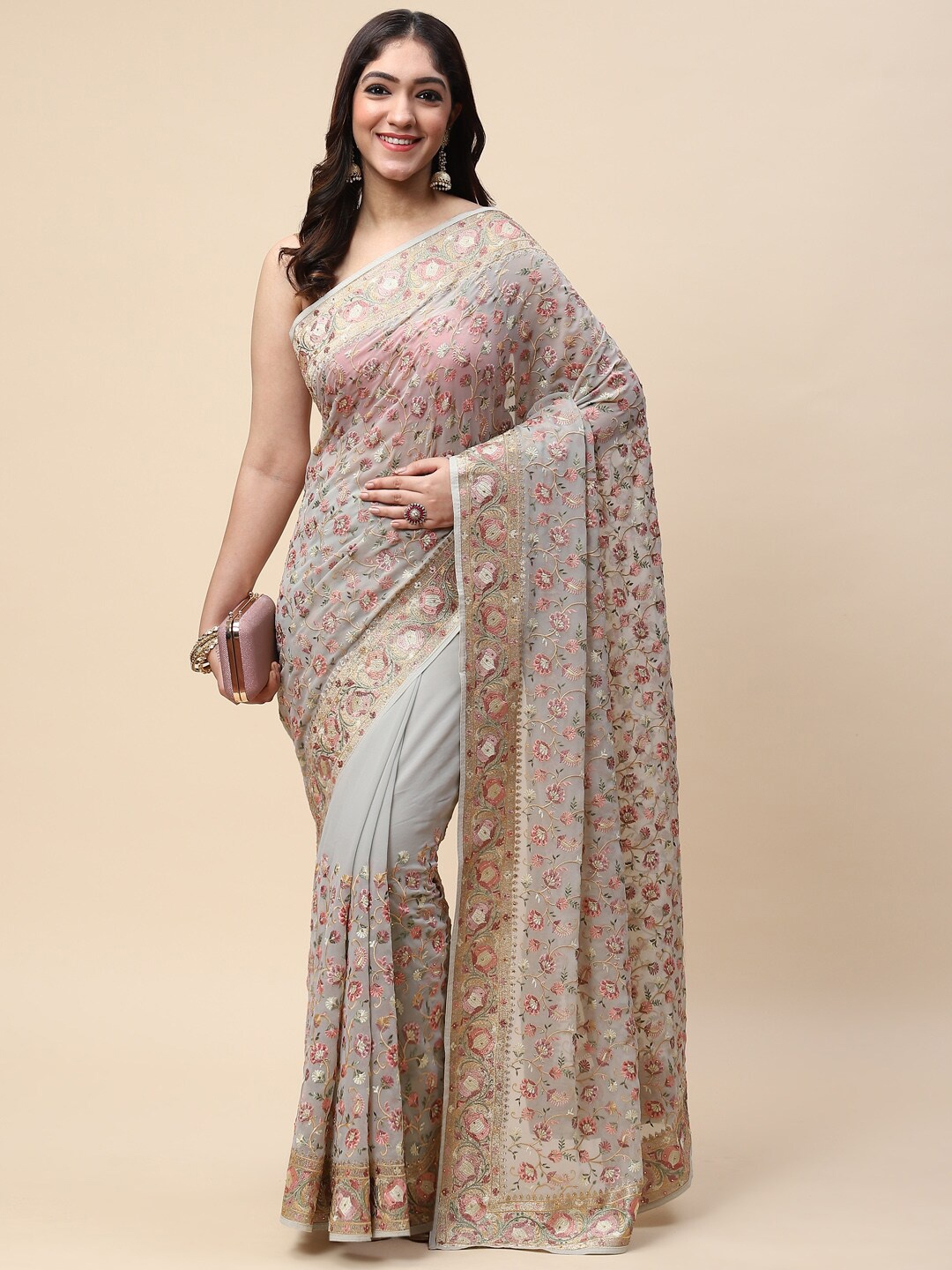 

Meena Bazaar Green & Pink Floral Embroidered Saree, Sea green