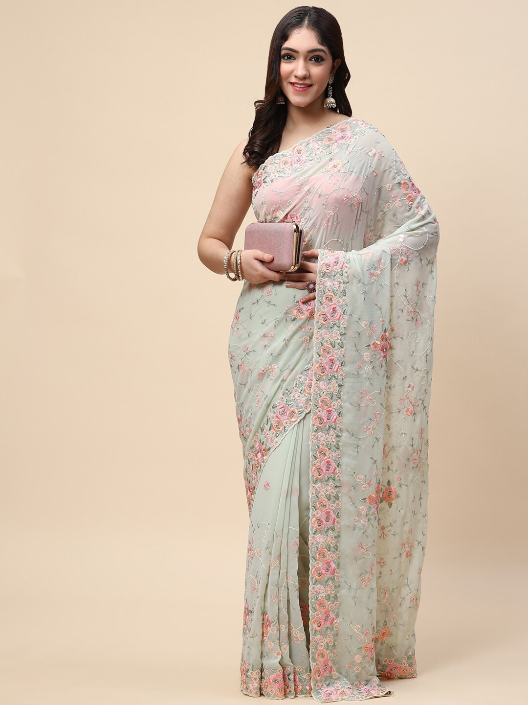 

Meena Bazaar Sea Green & Peach-Coloured Floral Embroidered Saree