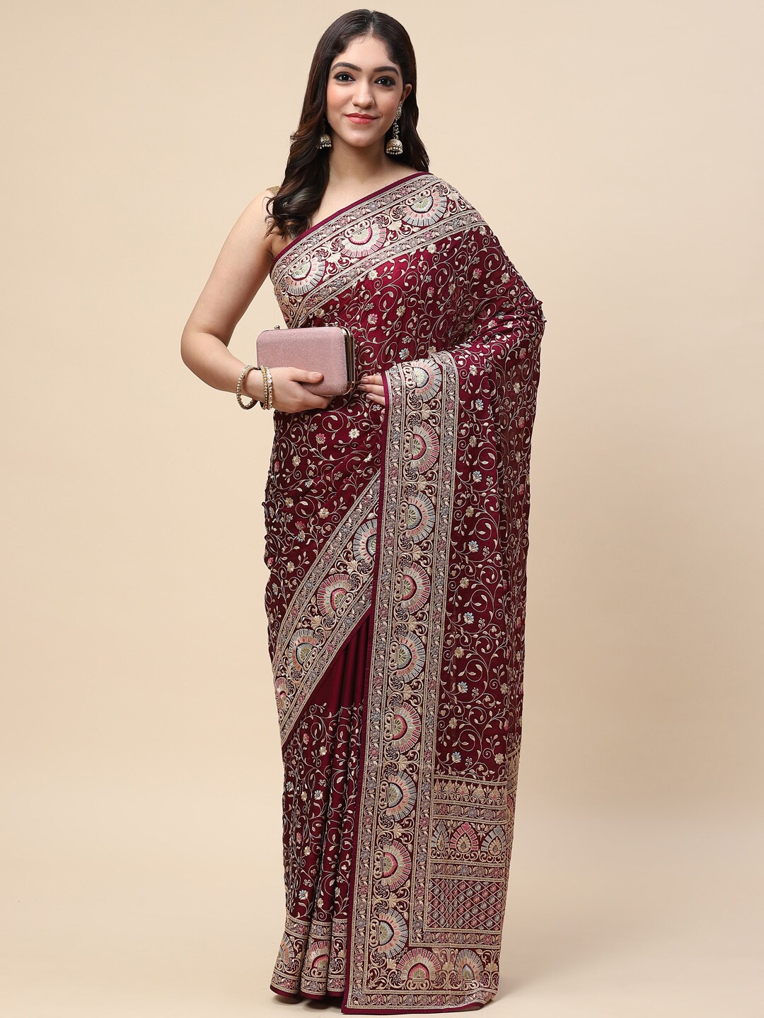 

Meena Bazaar Burgundy & Gold-Toned Floral Embroidered Organza Saree