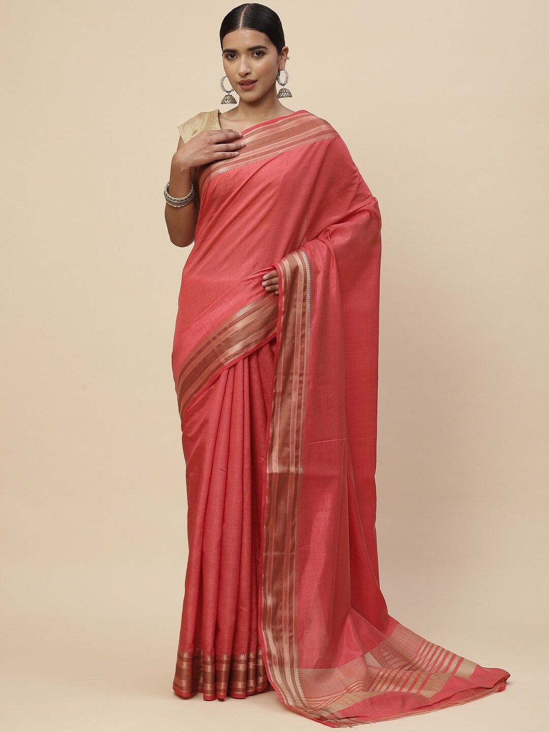 

Meena Bazaar Pink & Gold-Toned Zari Art Silk Kanjeevaram Saree