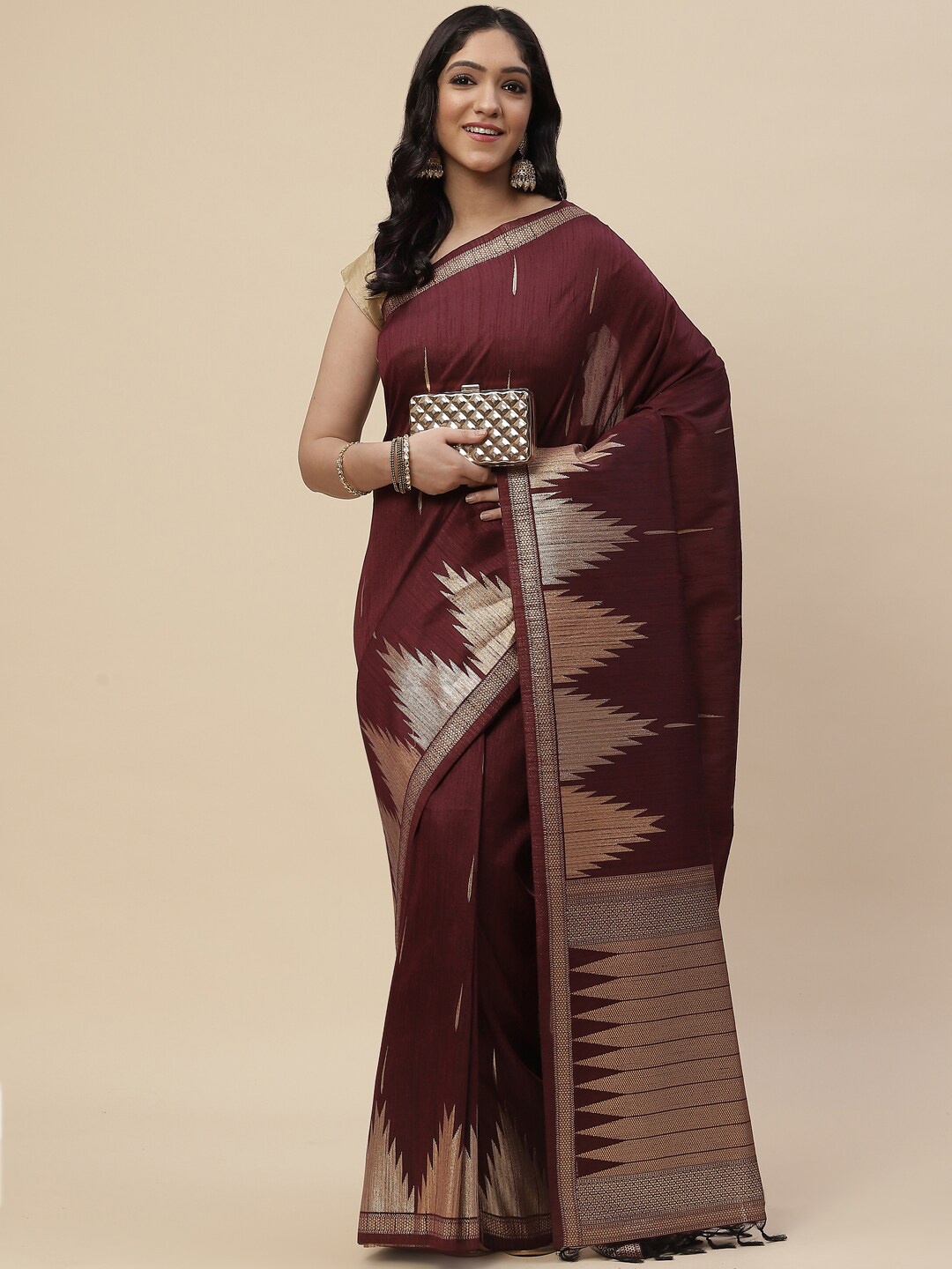 

Meena Bazaar Burgundy & Gold-Toned Geometric Printed Zari Kanjeevaram Saree