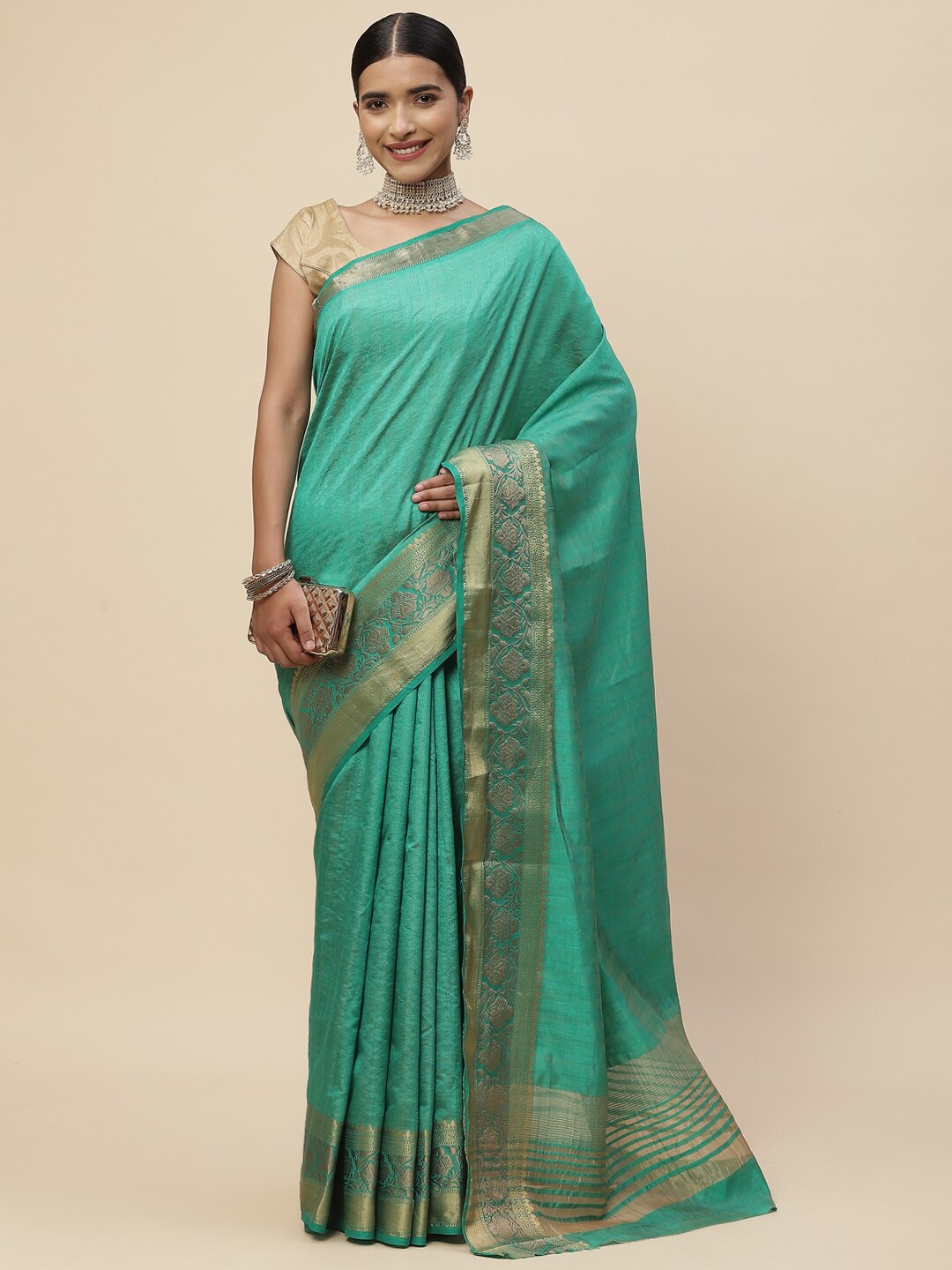 

Meena Bazaar Green & Gold-Toned Woven Design Zari Kanjeevaram Saree