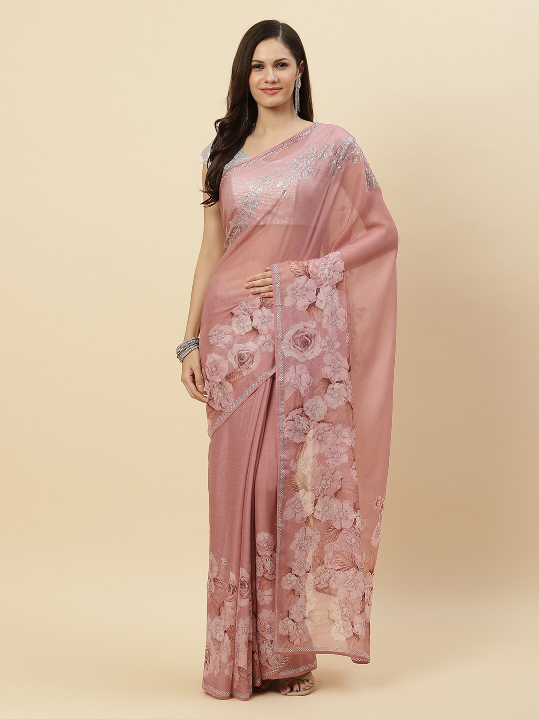 

Meena Bazaar Pink & Grey Floral Printed Beads and Stones Organza Saree