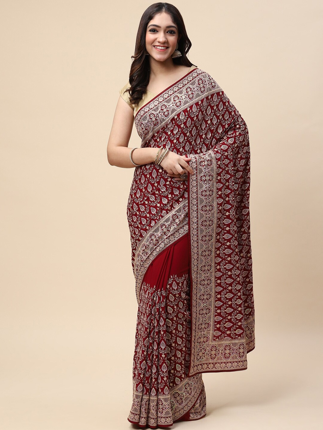 

Meena Bazaar Maroon & Silver-Toned Embellished Embroidered Pure Crepe Saree