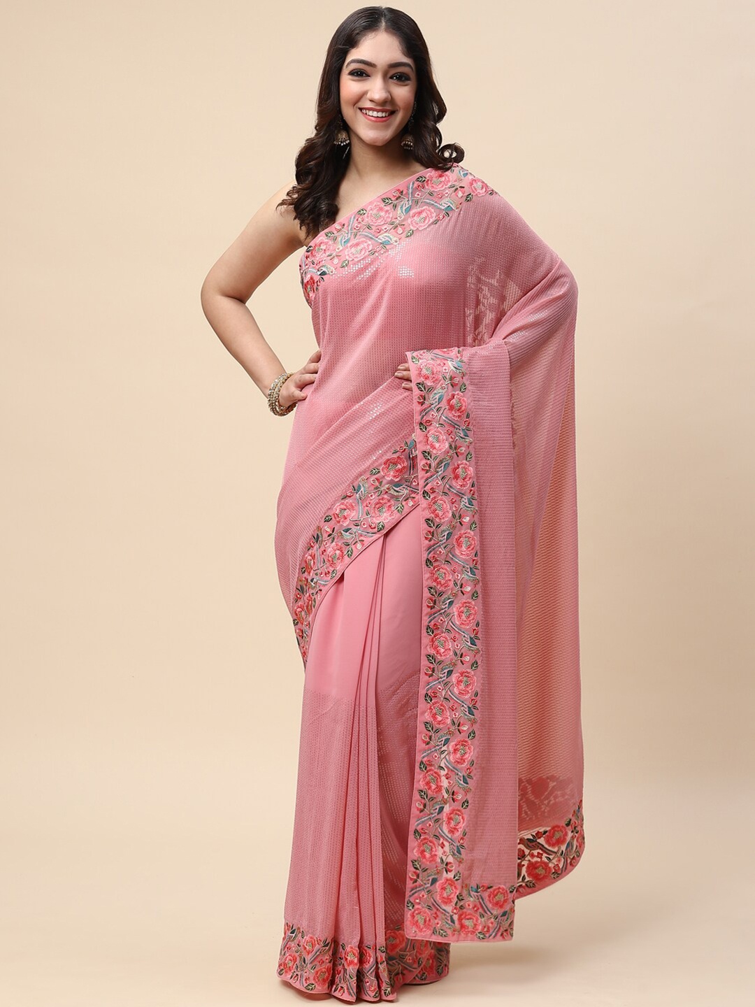 

Meena Bazaar Pink & Green Embellished Sequinned Saree