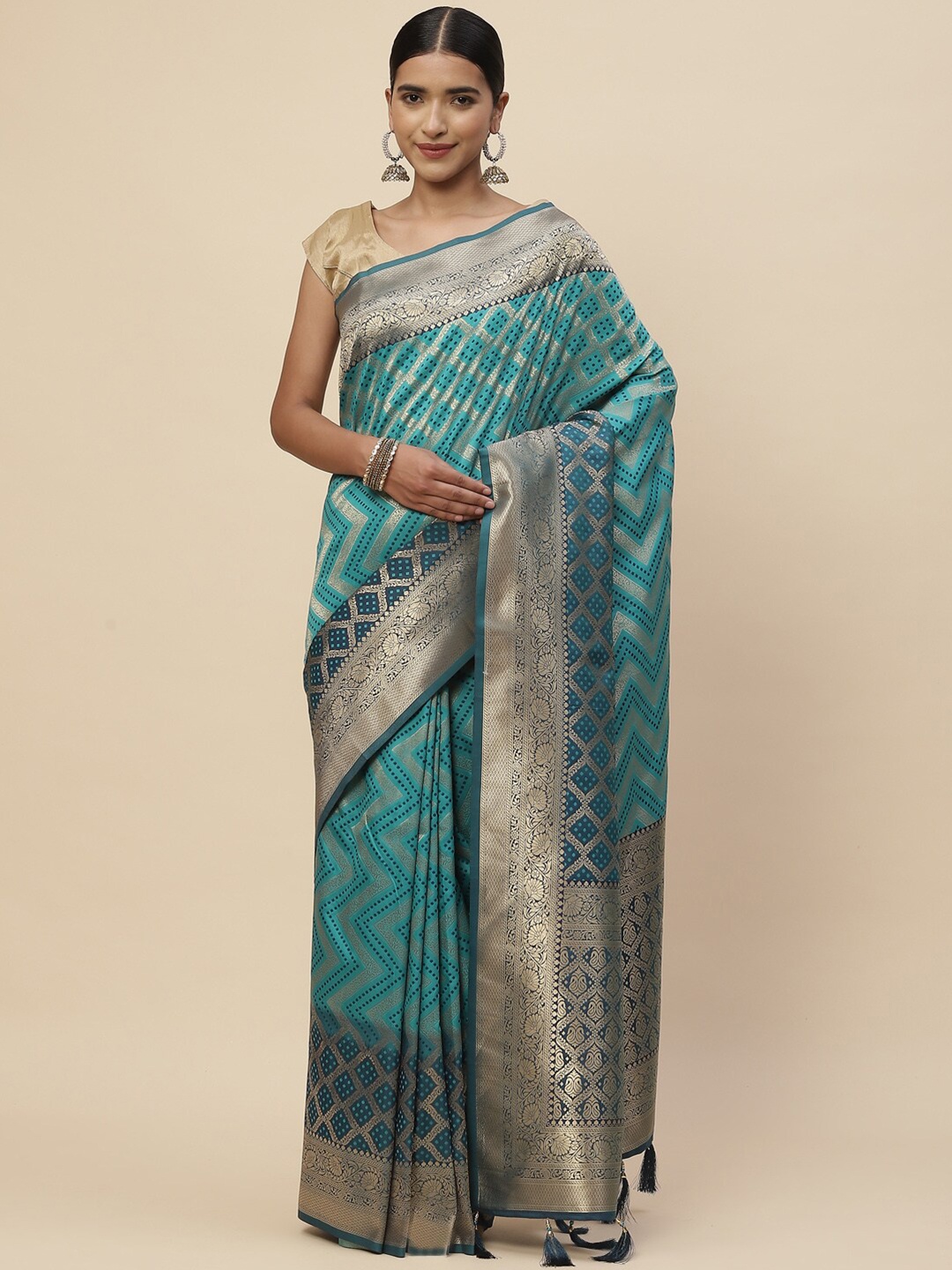 

Meena Bazaar Blue & Gold-Toned Striped Zari Kanjeevaram Saree