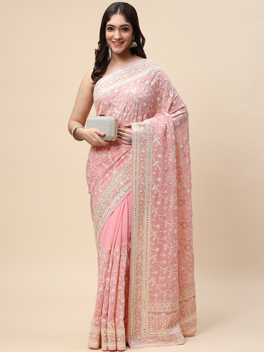 

Meena Bazaar Pink & White Floral Embroidered Saree