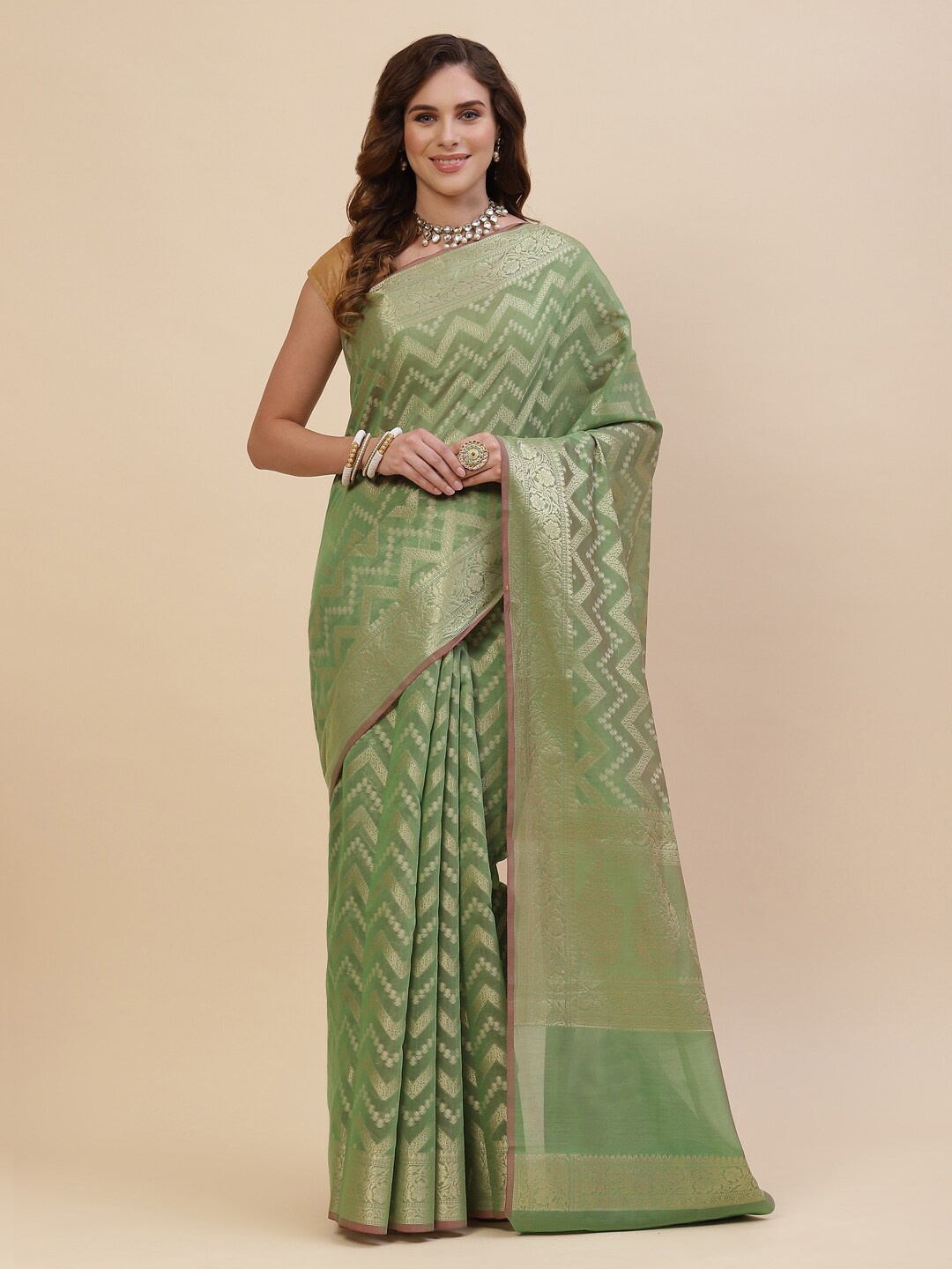 

Meena Bazaar Green & Gold-Toned Striped Zari Silk Cotton Kanjeevaram Saree
