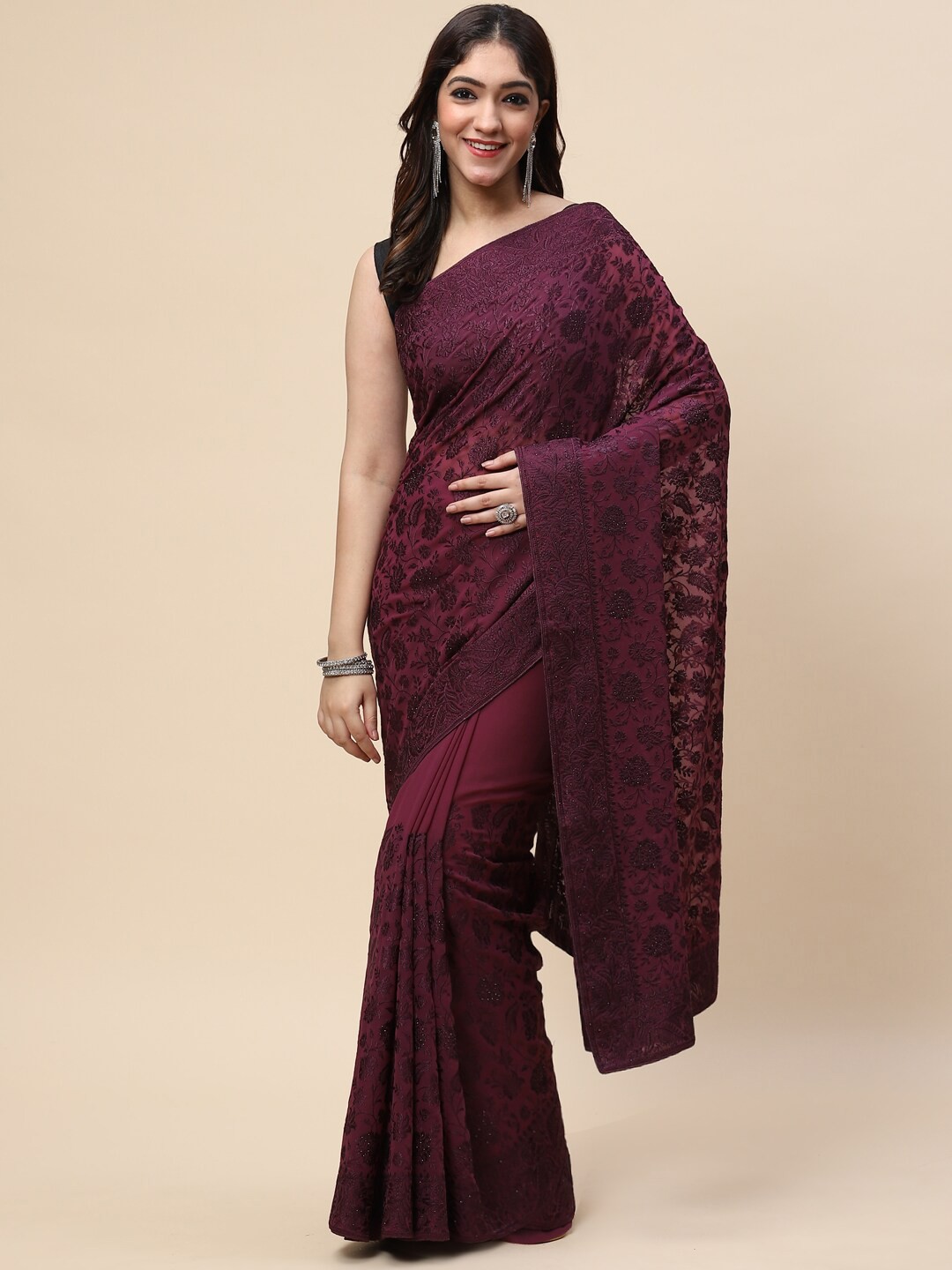 

Meena Bazaar Burgundy Floral Embroidered Saree