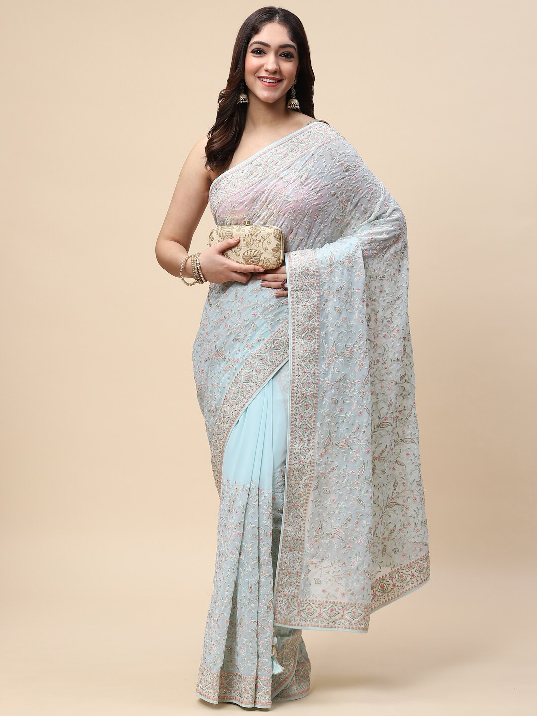 

Meena Bazaar Sea Green & Pink Floral Embroidered Saree