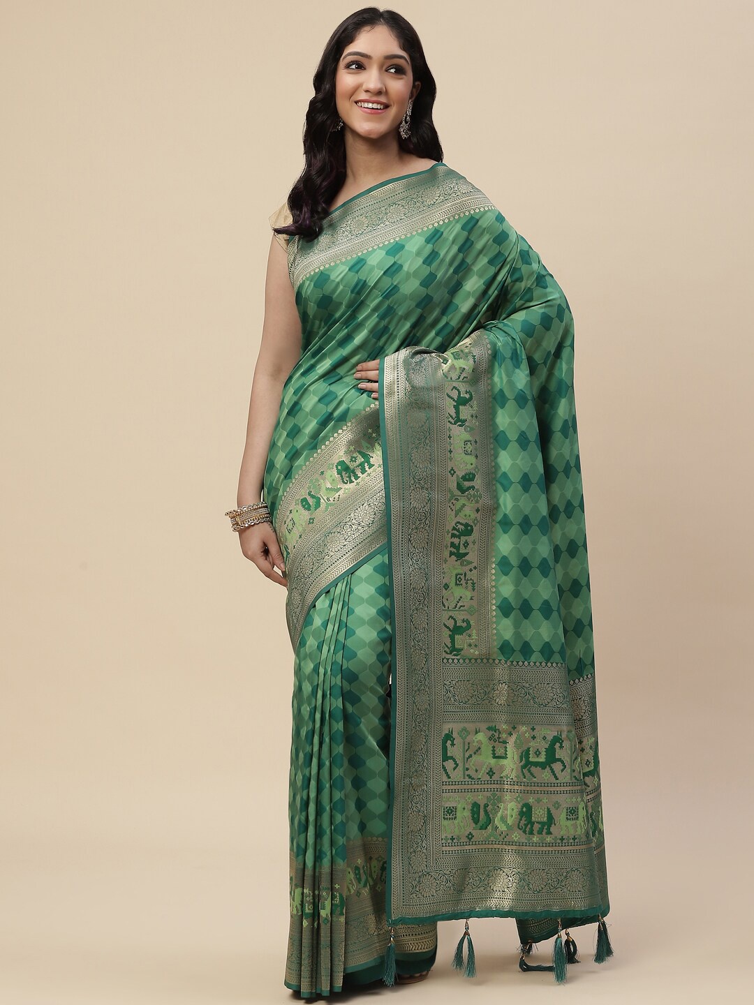 

Meena Bazaar Green Zari Art Silk Kanjeevaram Saree