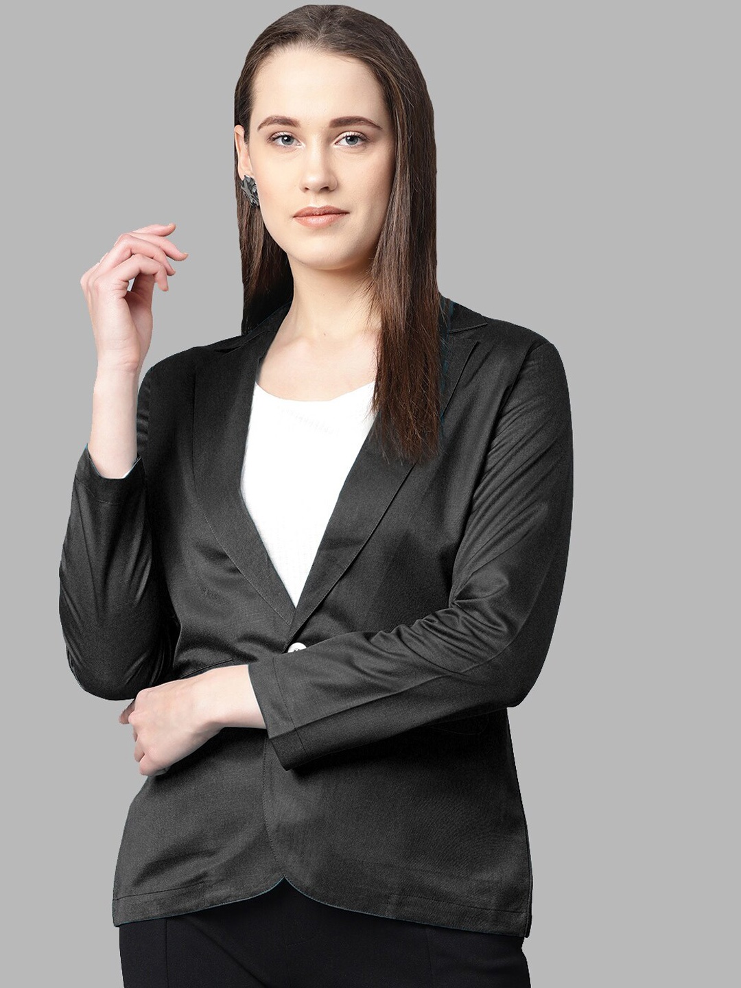 

Jompers Women Satin Finish Solid Single-Breasted Blazer, Black