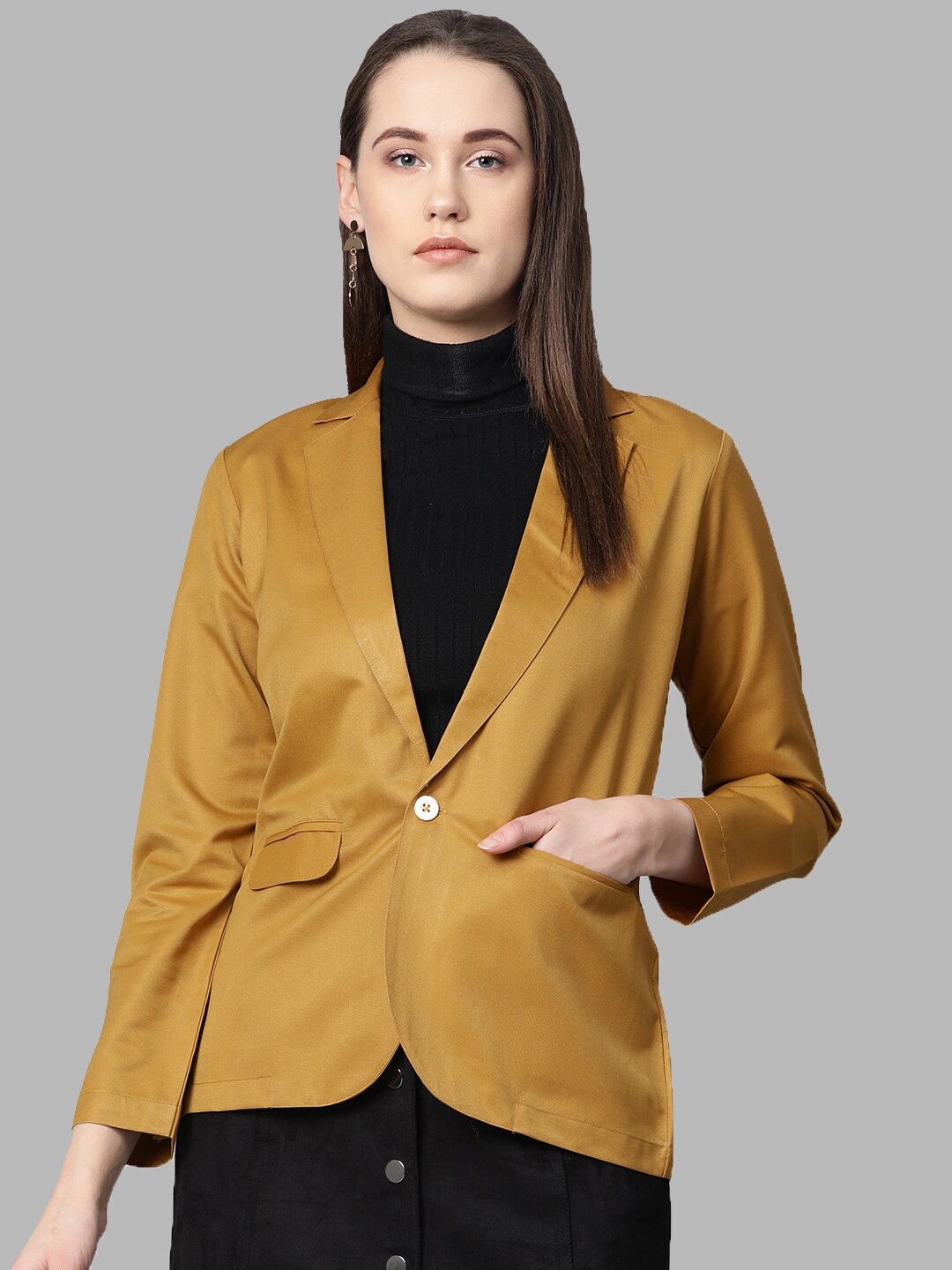 

Jompers Women Mustard-Yellow Solid Single-Breasted Blazer