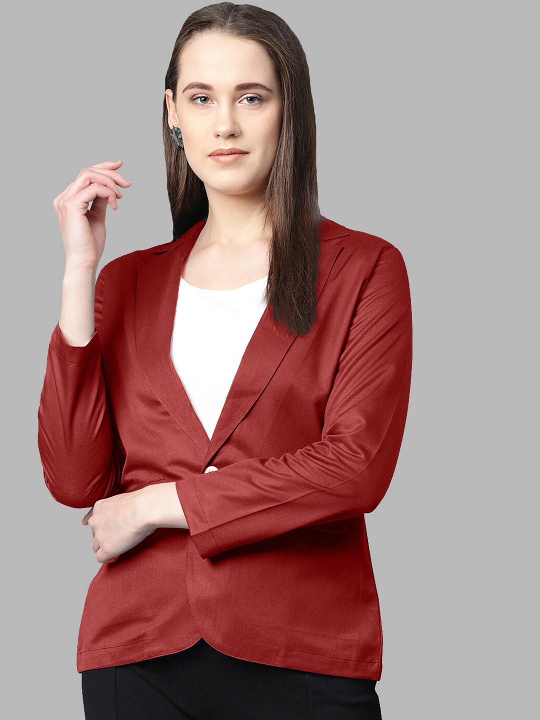 

Jompers Women Maroon Solid Single-Breasted Blazer