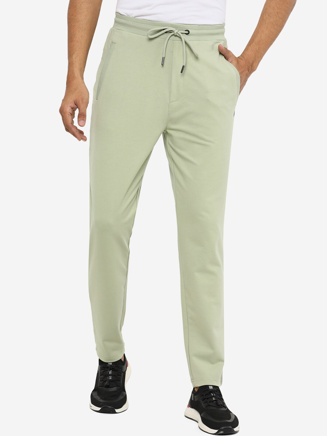 

JADE BLUE Men Green Solid Cotton Slim-Fit Track Drawstring Pants