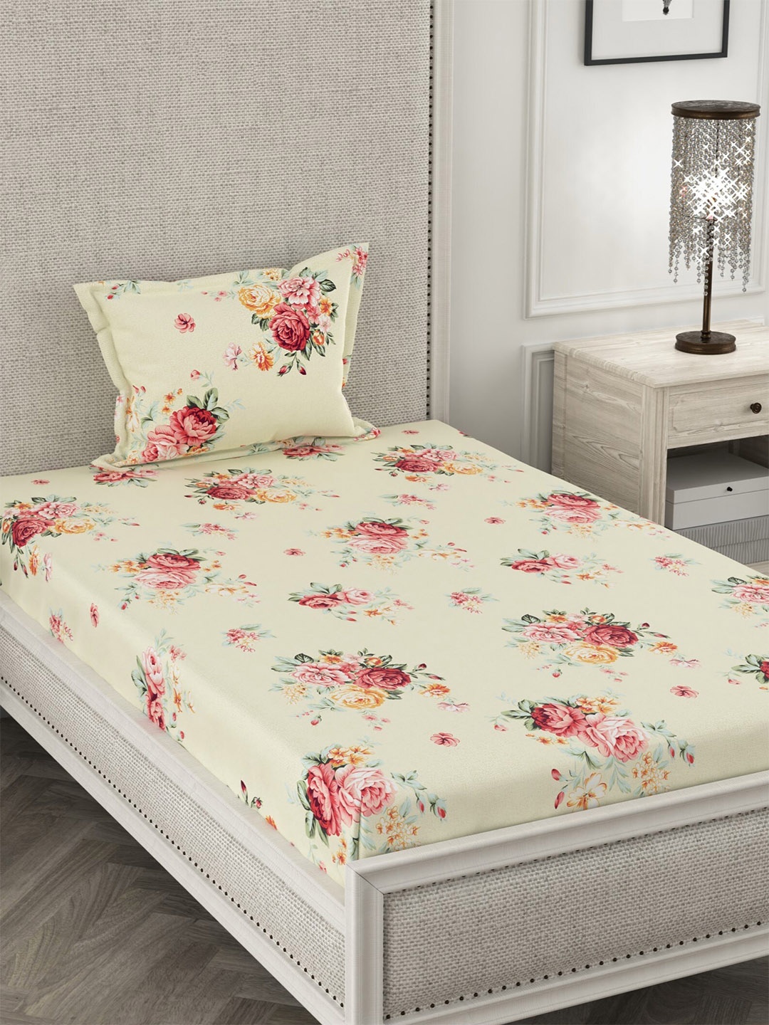 

CHHAVI INDIA Cream-Coloured & Red Floral 210 TC Single Bedsheet with 1 Pillow Covers