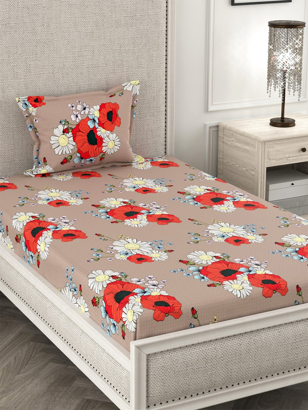 

CHHAVI INDIA Brown & Red Floral 210 TC Single Bedsheet with 1 Pillow Covers