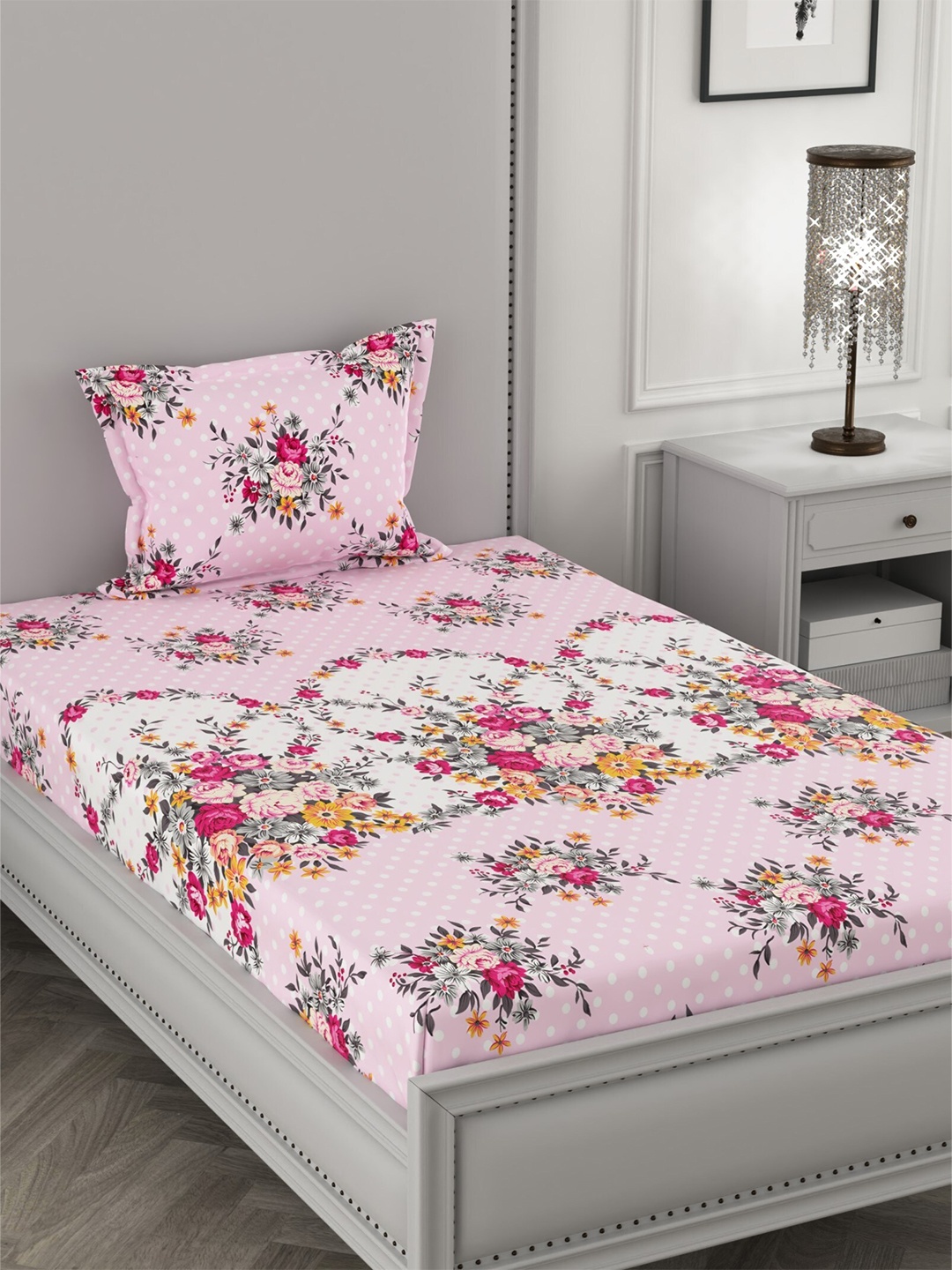 

CHHAVI INDIA Pink & Yellow Floral 210 TC Single Bedsheet with 1 Pillow Covers