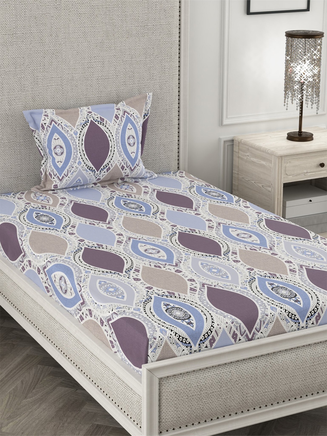 

CHHAVI INDIA White & Purple Ethnic Motifs 210 TC Single Bedsheet with 1 Pillow Covers
