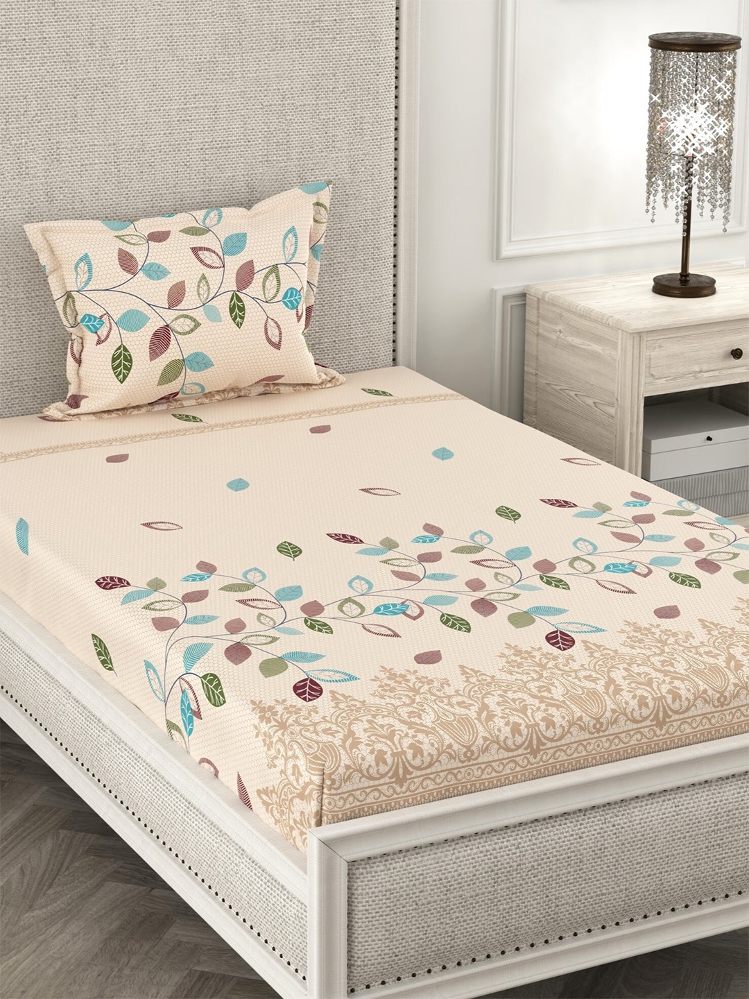

CHHAVI INDIA Beige & Green Floral 210 TC Single Bedsheet with 1 Pillow Covers