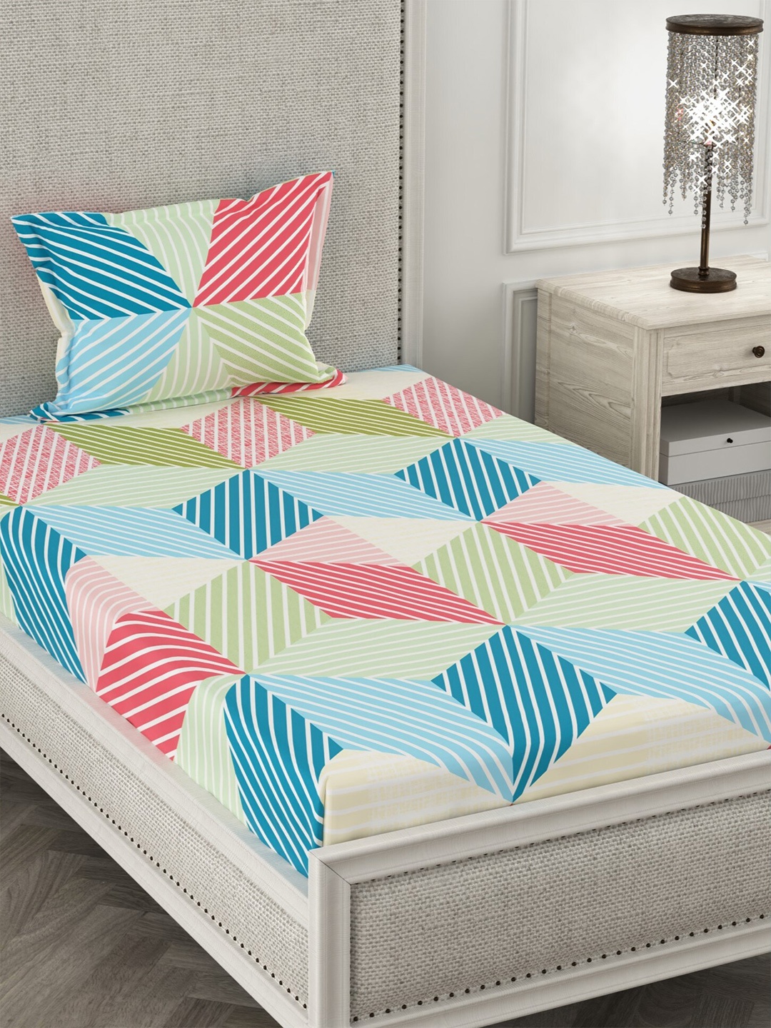 

CHHAVI INDIA White & Pink Geometric 210 TC Single Bedsheet with 1 Pillow Covers