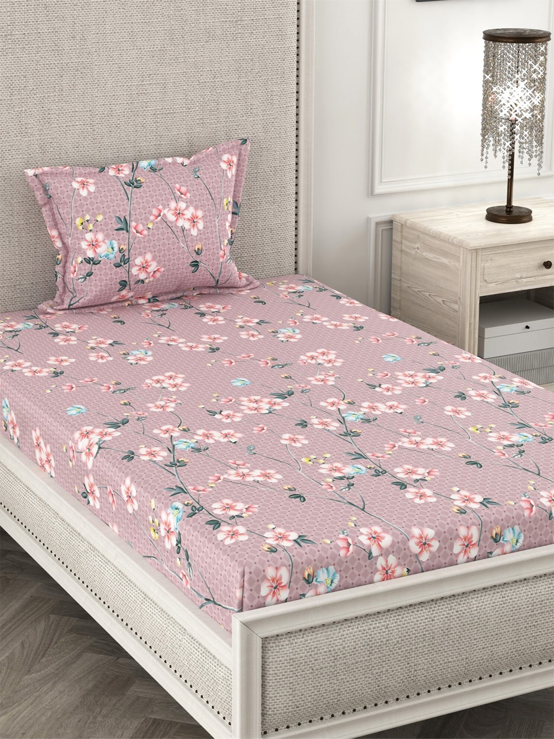 

CHHAVI INDIA Pink & Grey Floral 210 TC Single Bedsheet with 1 Pillow Covers