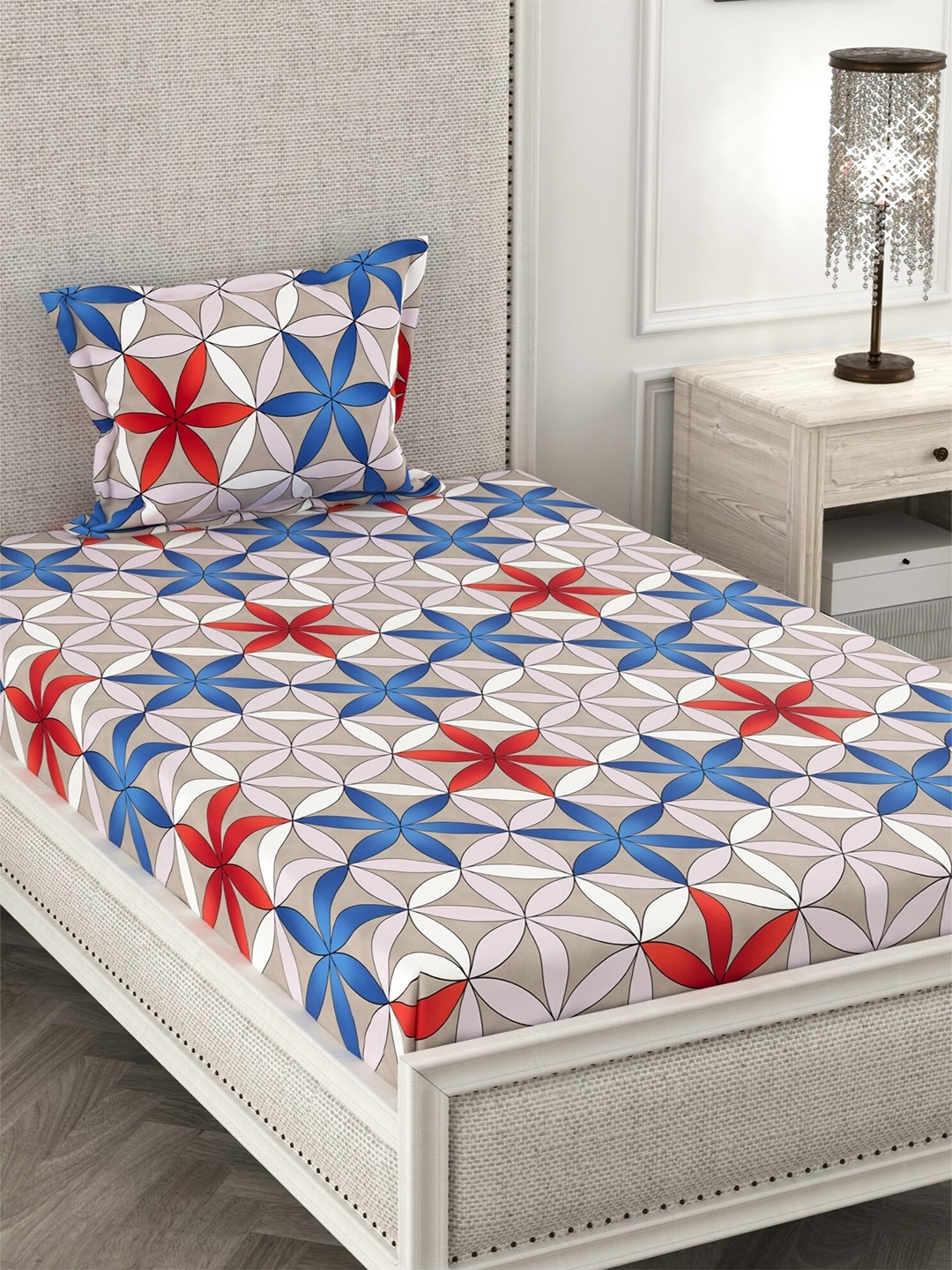 

CHHAVI INDIA Grey & Blue Floral 210 TC Single Bedsheet with 1 Pillow Covers