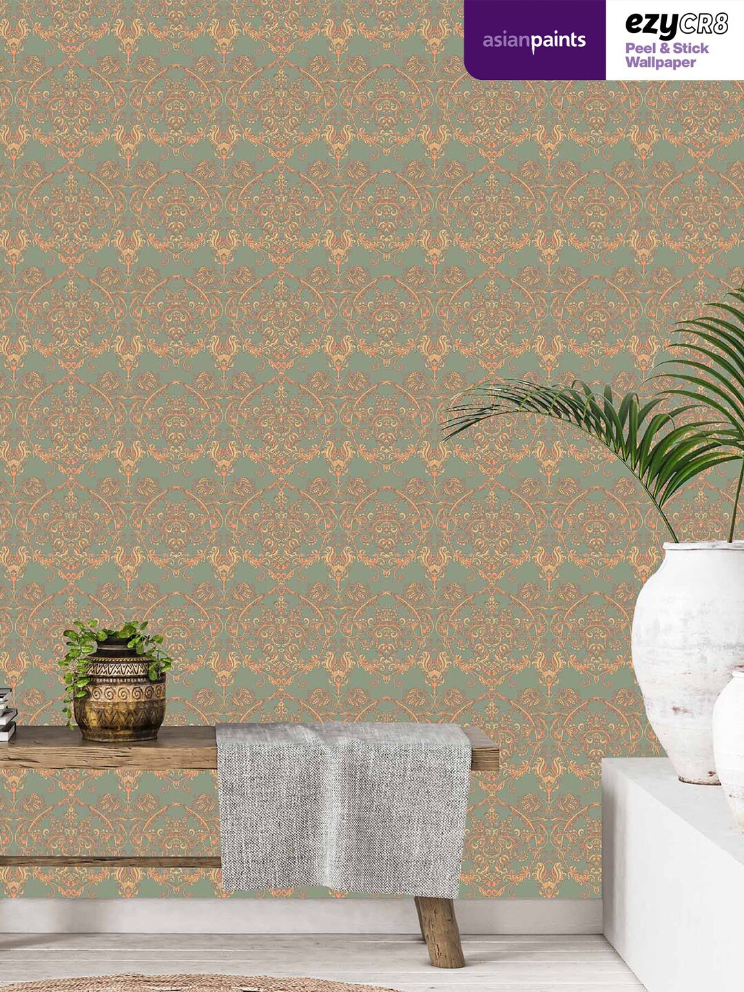 

Asian Paints Olive Green Floral Vintage Baroque Stone Blue Peel & Stick Wallpaper