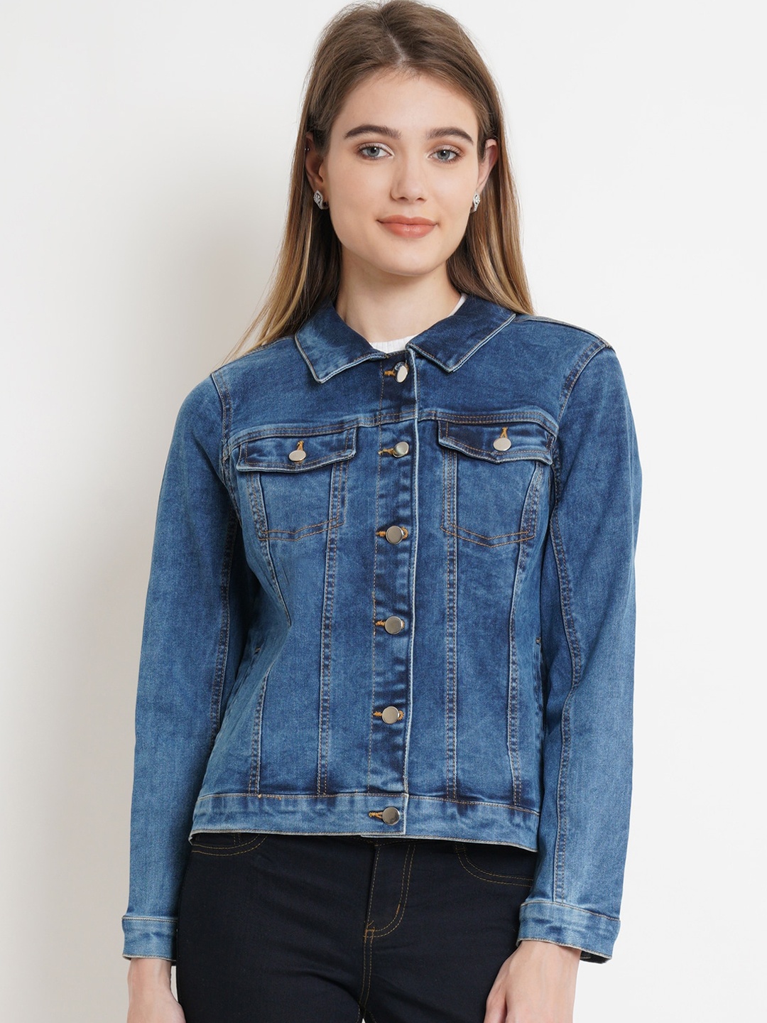 

IX IMPRESSION Women Blue Washed Cotton Denim Jacket