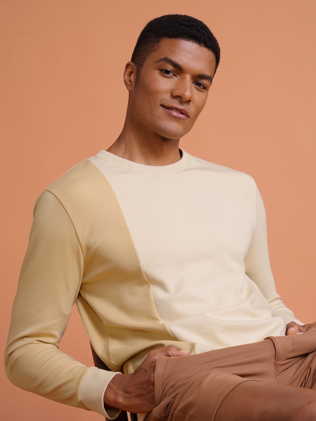 

DAMENSCH Men Solid Beige Premium Cotton Regular Fit Colorblock Sweatshirt