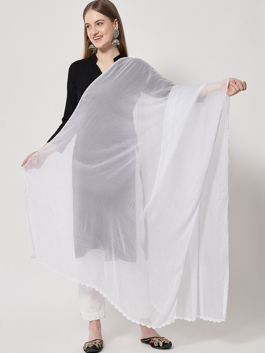 

PARAMOUNT CHIKAN Hand Embroidered Chiffon Chikankari Mukesh Work Dupatta, White