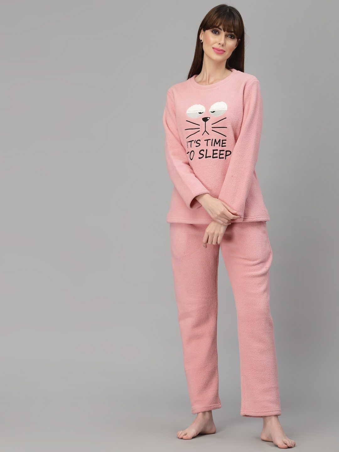 

Sweet Dreams Women Coral & Black Polar Fleece Applique Winter Night Suit