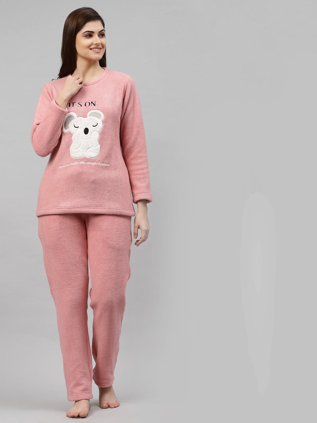 

Sweet Dreams Women Super Soft Polar Fleece Applique Winter Night suit, Coral