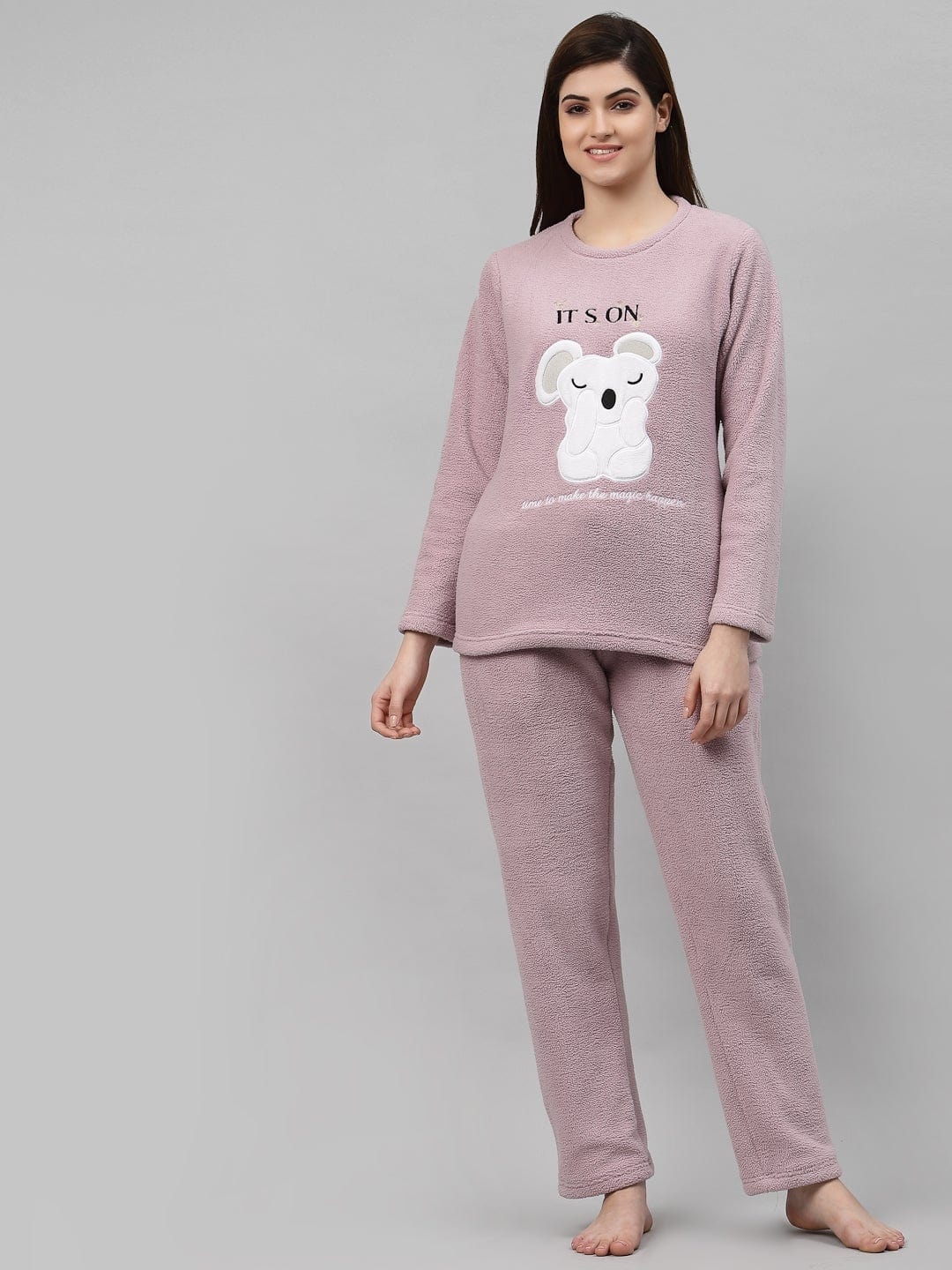 

Sweet Dreams Women Super Soft Polar Fleece Applique Winter Night suit, Lavender