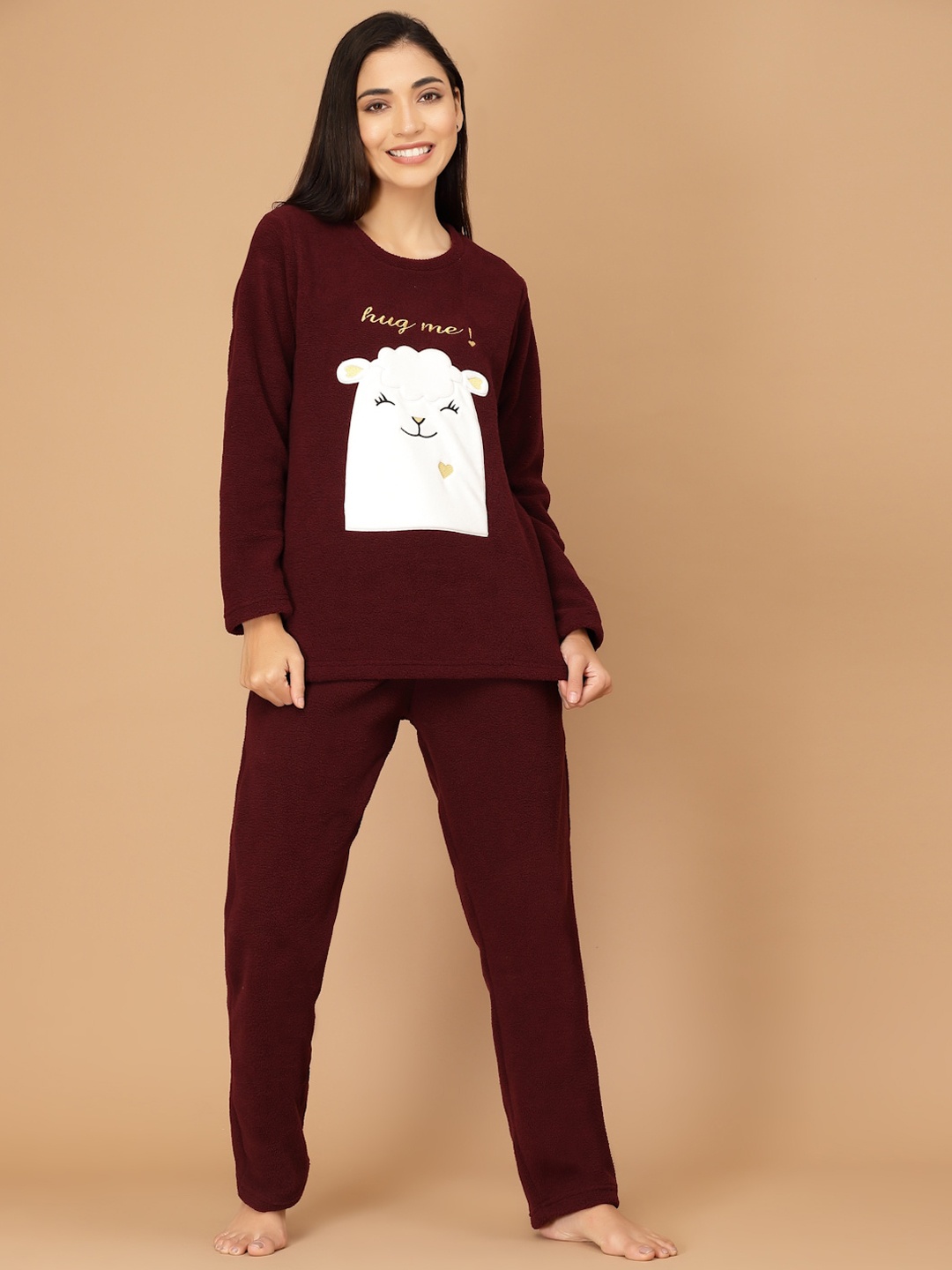 

Sweet Dreams Women Maroon & White Polar Fleece Applique Winter Night Suit