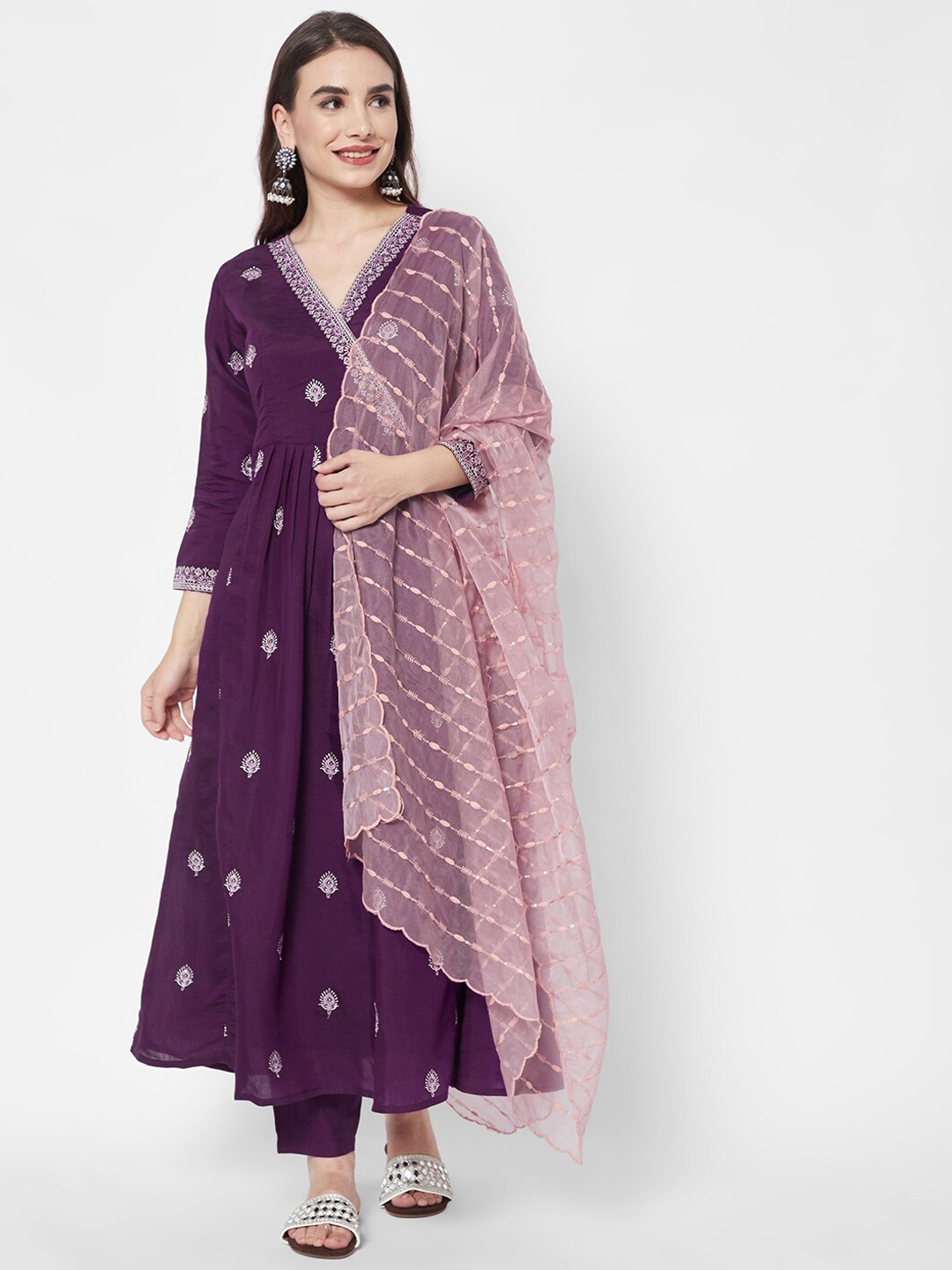 

HEEPOSH Women Purple Ethnic Motifs Embroidered Angrakha Thread Work Kurta with Trousers & With Dupatta