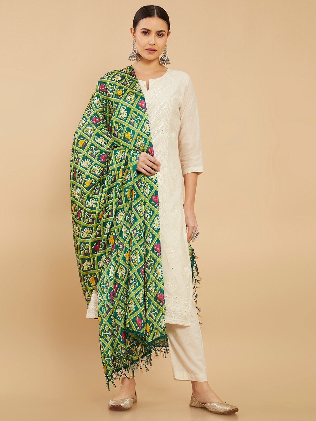 

Soch Green & White Ethnic Motifs Printed Linen Dupatta