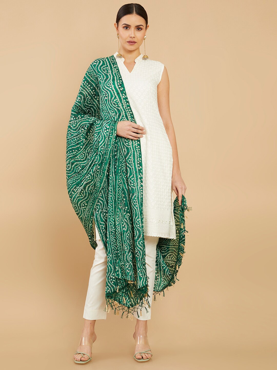 

Soch Green & White Printed Linen Bandhani Dupatta