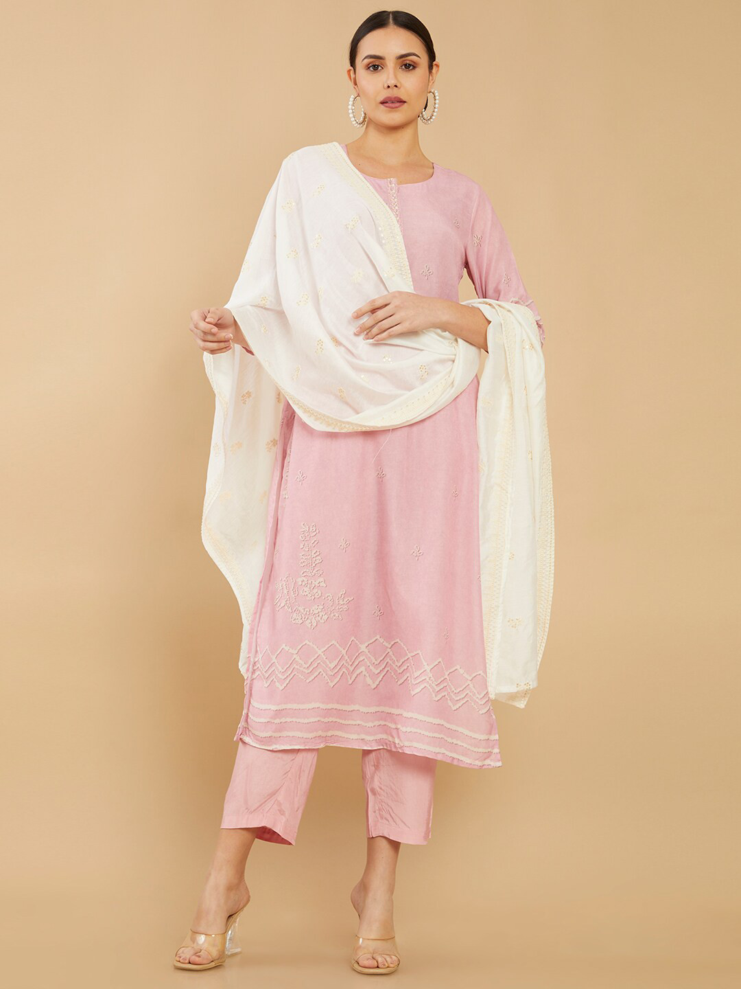 

Soch Off White & Gold-Toned Ethnic Motifs Embroidered Art Silk Dupatta with Sequinned