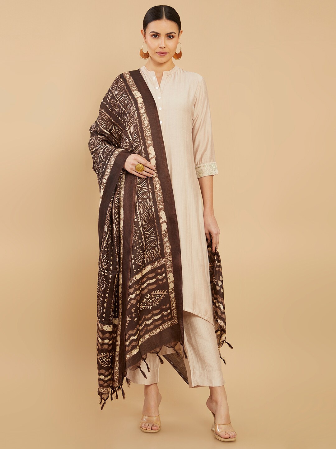 

Soch Brown & White Ethnic Motifs Printed Linen Dupatta