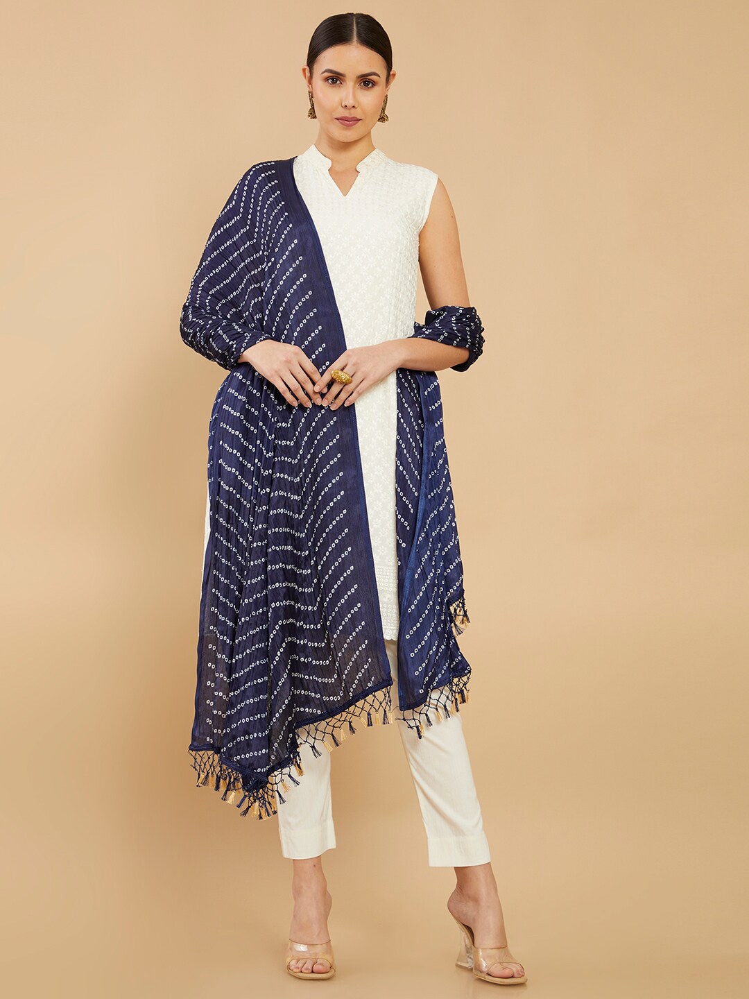 

Soch Navy Blue & White Leheriya Printed Linen Dupatta