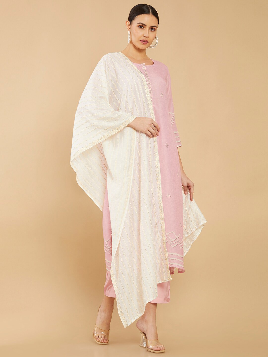 

Soch Off White Embroidered Art Silk Dupatta with Sequinned