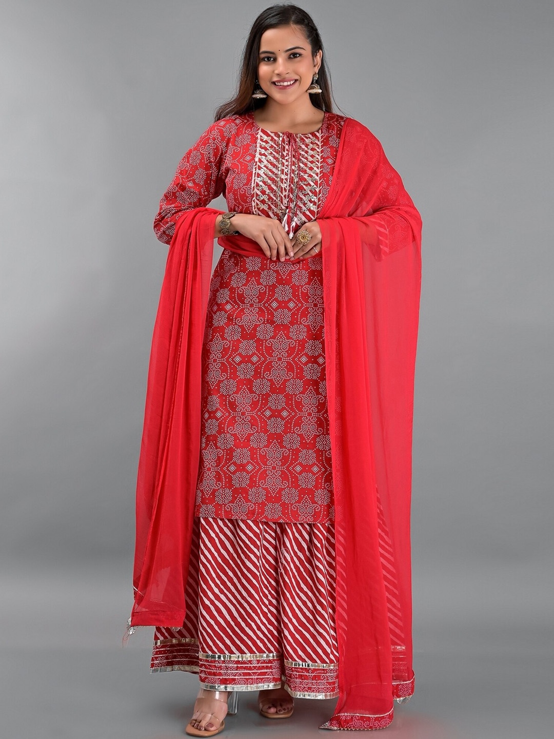 

EtnicaWear Women Red Floral Printed Gotta Patti Pure Cotton Kurta with Sharara & Dupatta