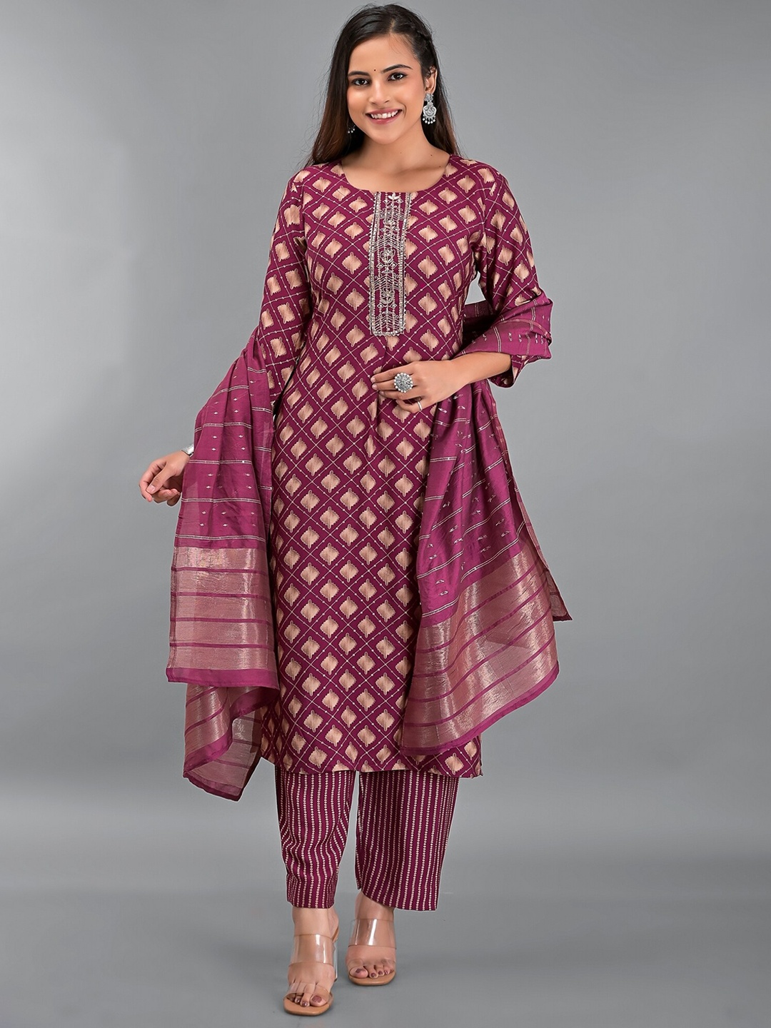 

EtnicaWear Women Maroon Printed Gotta Patti Pure Cotton Kurta with Trouser & Dupatta Set