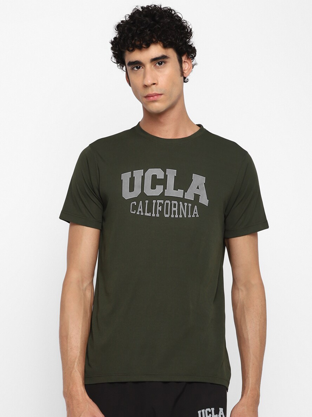 

UCLA Men Olive Green Typography Printed Applique T-shirt