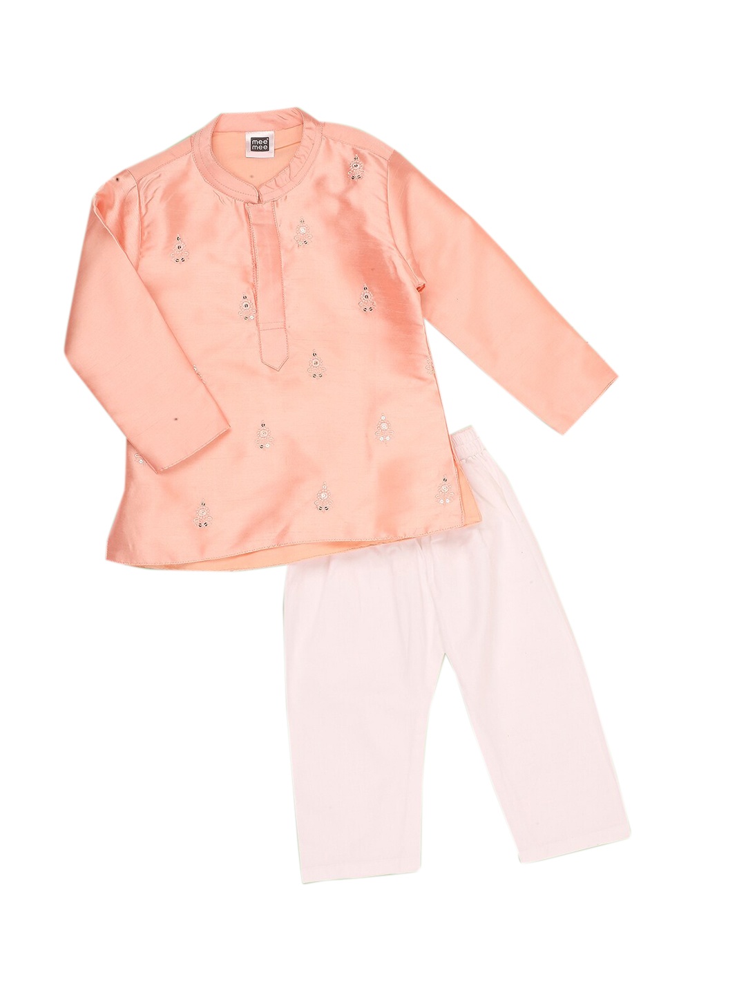 

MeeMee Boys Peach-Coloured Floral Embroidered Sequinned Kurta with Pyjamas