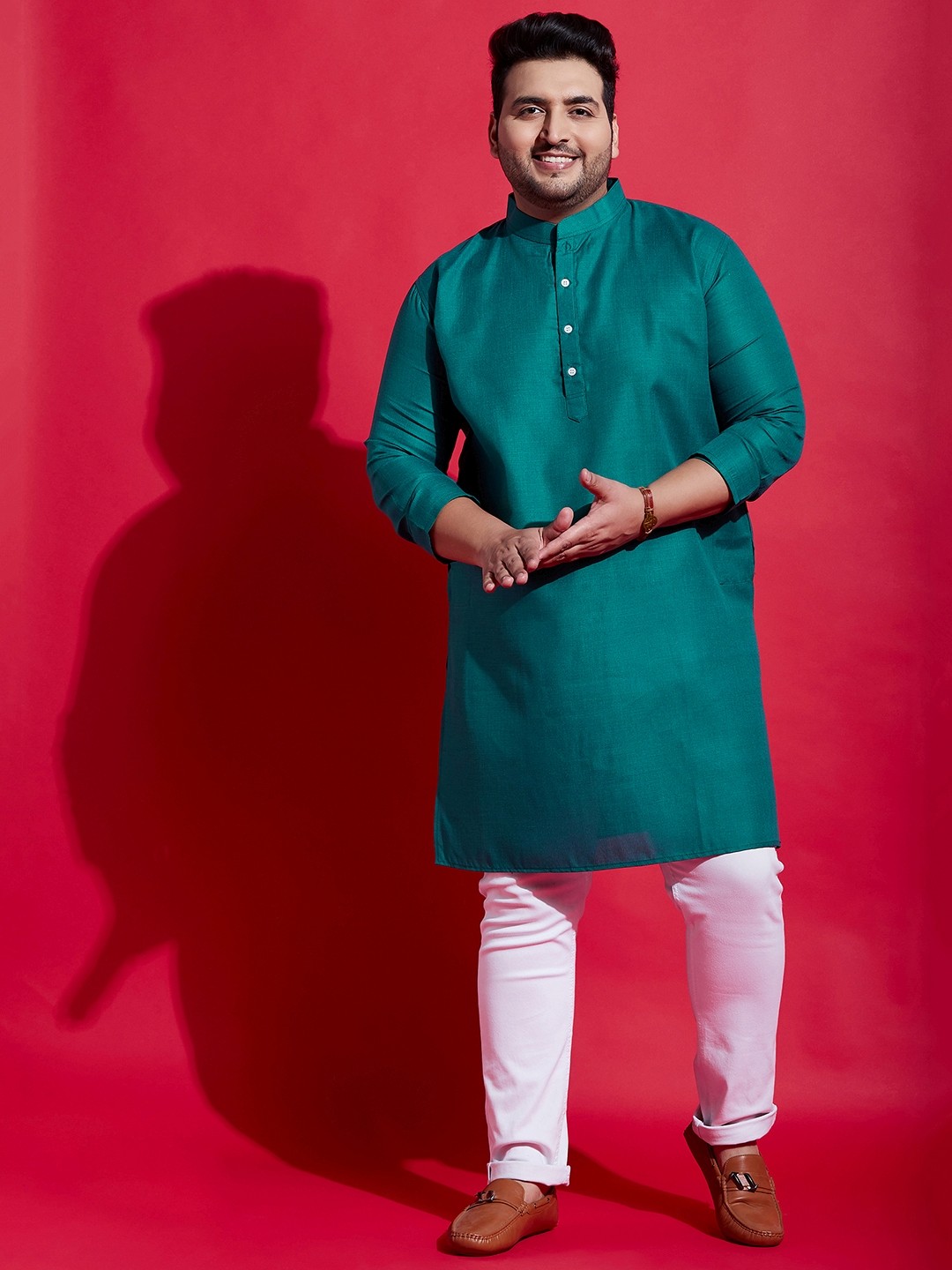 

bigbanana Plus Size Mandarin Collar Long Sleeves Cotton Kurta, Teal