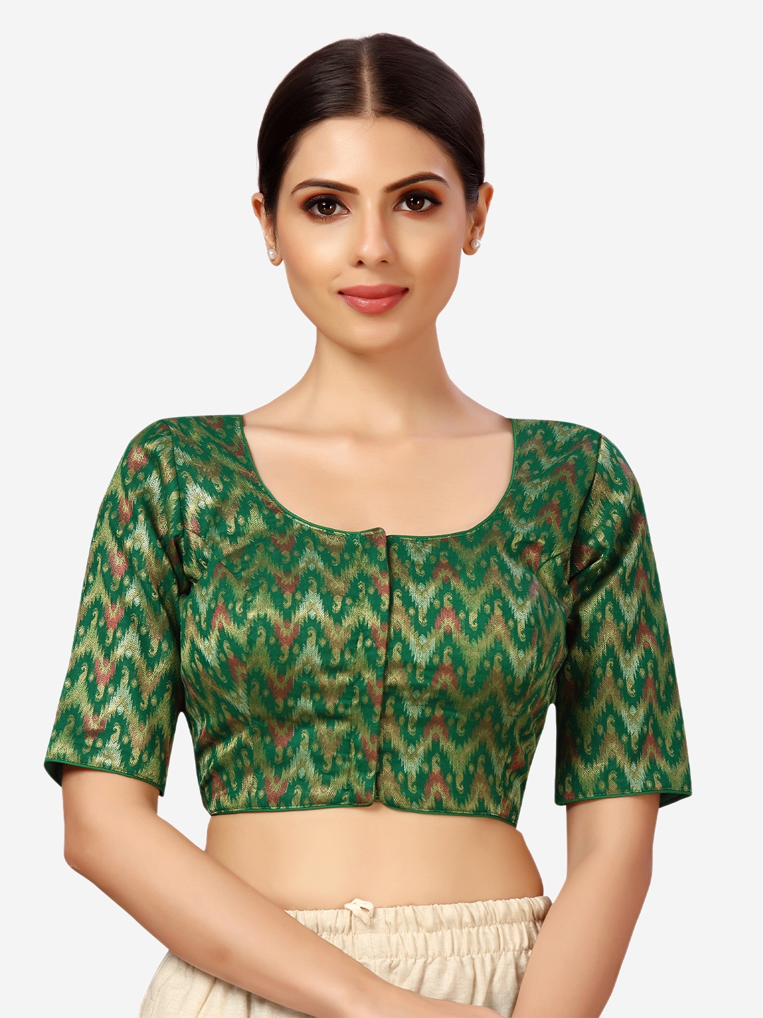 

Studio Shringaar Women Green & Gold Toned Woven Design Brocade Padded Saree Blouse